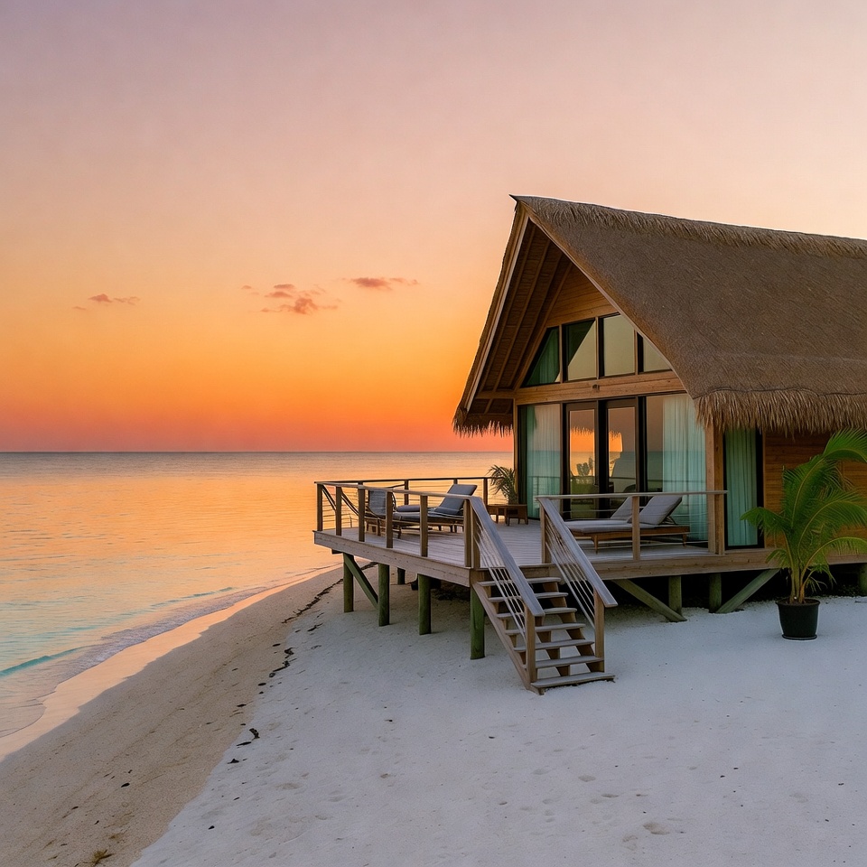 Private plunge pool and wooden deck overlooking the turquoise ocean at golden hour